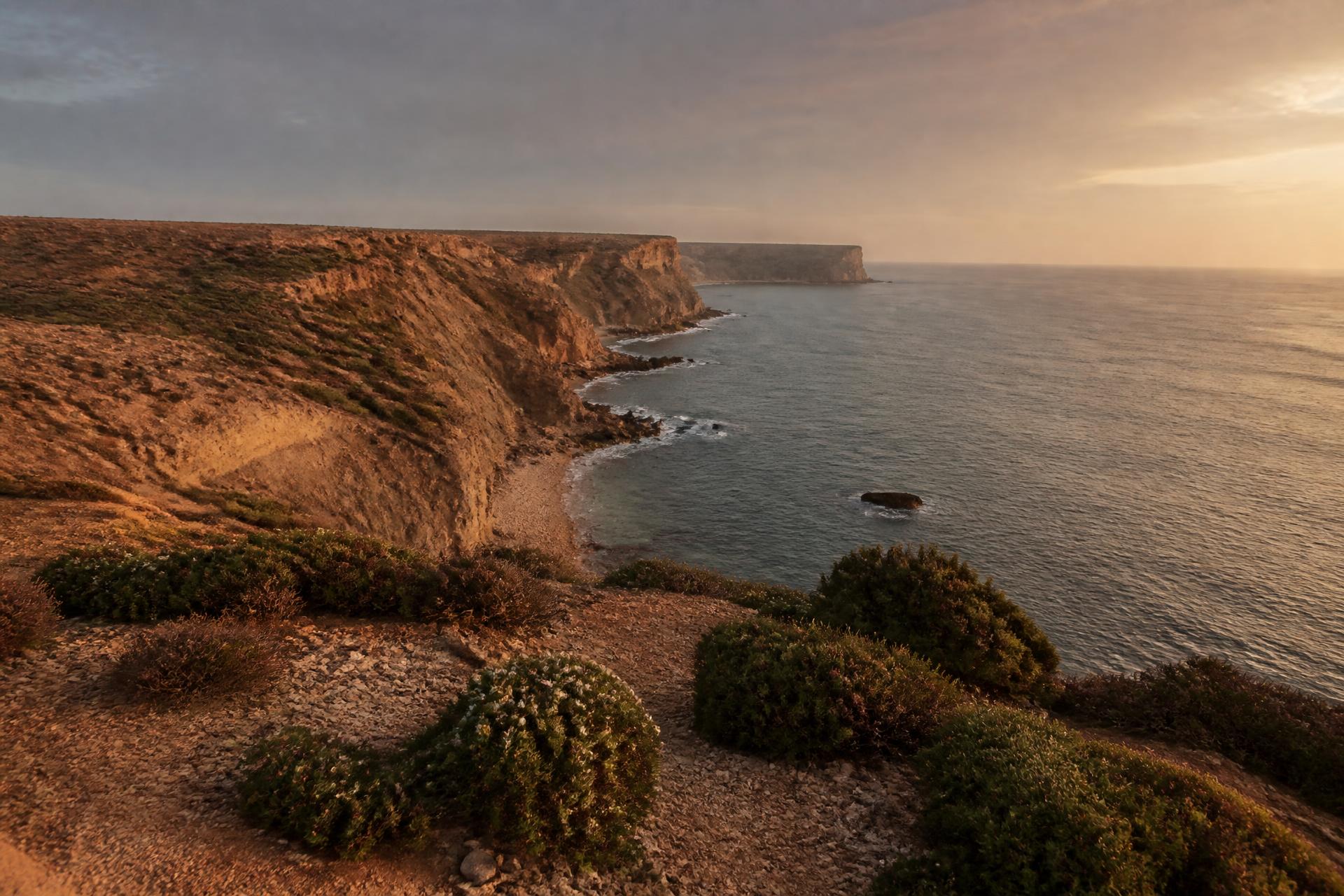 Cliffs and ocean at sunset on the Vila do Bispo coast